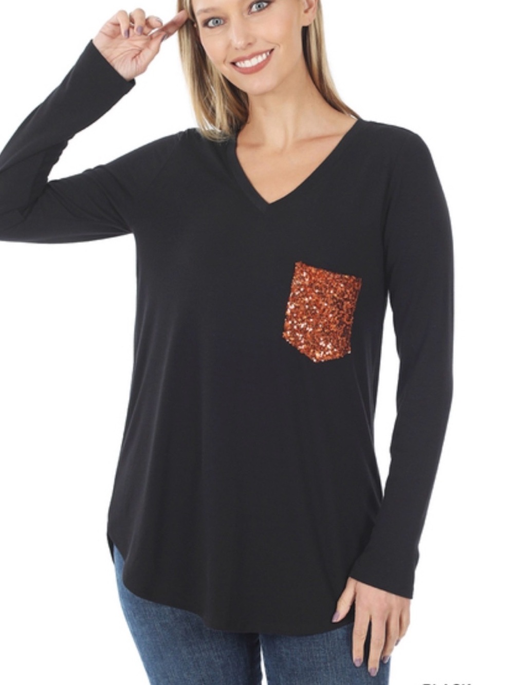 Zenana Outfitters Black V-Neck Long Sleeve Top with Copper Sequin Pocket